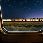 **A scenic view from a Kazakhstan Temir Zholy (KTZ) train window at night, showing the vast steppes under a starry sky. Focus on the warm interior lights of the train carriages contrasting with the dark, expansive landscape outside. A comfortable-looking sleeping berth can be subtly visible in the background.**