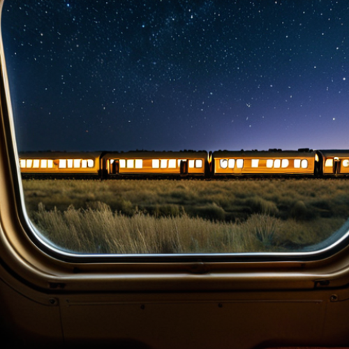 Home 4 **A scenic view from a Kazakhstan Temir Zholy (KTZ) train window at night, showing the vast steppes under a starry sky. Focus on the warm interior lights of the train carriages contrasting with the dark, expansive landscape outside. A comfortable-looking sleeping berth can be subtly visible in the background.**