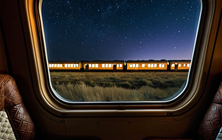 **A scenic view from a Kazakhstan Temir Zholy (KTZ) train window at night, showing the vast steppes under a starry sky. Focus on the warm interior lights of the train carriages contrasting with the dark, expansive landscape outside. A comfortable-looking sleeping berth can be subtly visible in the background.**