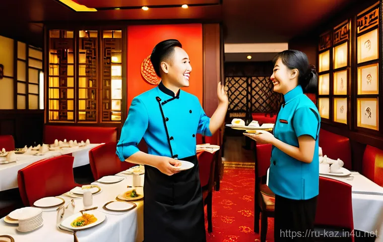 카자흐스탄 내 중국 문화의 영향 - **Prompt:** A bustling, modern Chinese restaurant in Almaty, Kazakhstan, at golden hour. The interio...