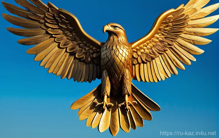 카자흐스탄 국기와 국가 상징물 - A majestic golden sun with 32 rays, intricately shaped like grains, shining brightly against a seren...