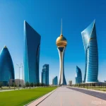 알마티와 아스타나 도시 비교 - **Astana: Futuristic Urban Panorama**
"A wide-angle shot capturing the futuristic skyline of Ast...