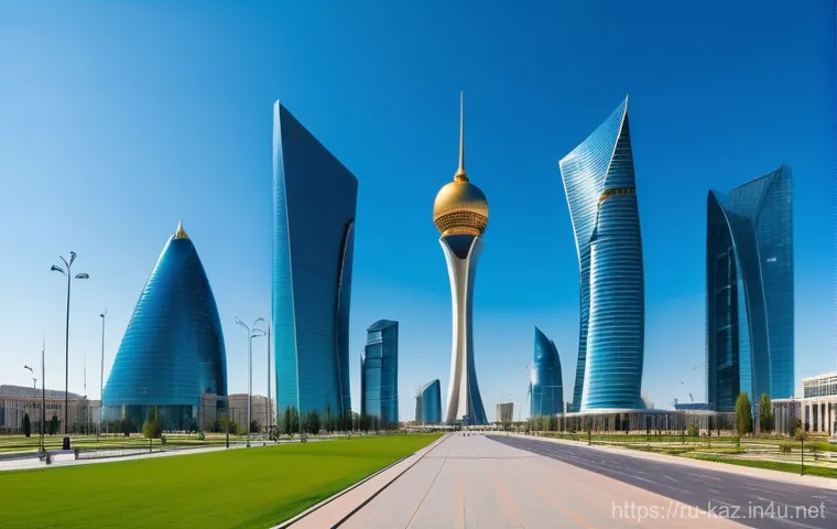 알마티와 아스타나 도시 비교 - **Astana: Futuristic Urban Panorama**
"A wide-angle shot capturing the futuristic skyline of Ast...