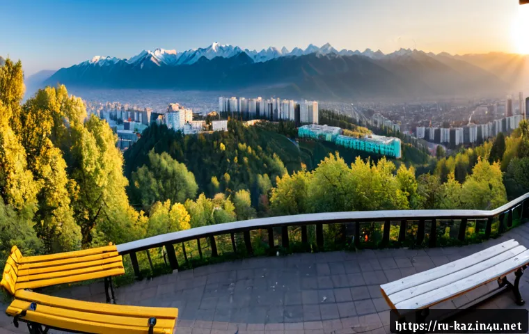 알마티 관광 필수코스 - Photorealistic panoramic morning view of Almaty from Kok Tobe hill, sweeping city streets and leafy ...